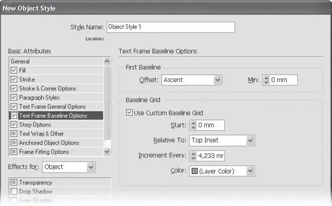 Рис 1731 Диалоговое окно настроек стиля объектов раздел Text Frame Baseline - фото 371