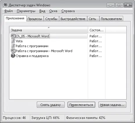 Рис 56 Окно Диспетчер задач Windows В открывшемся окне на вкладке Приложения - фото 155
