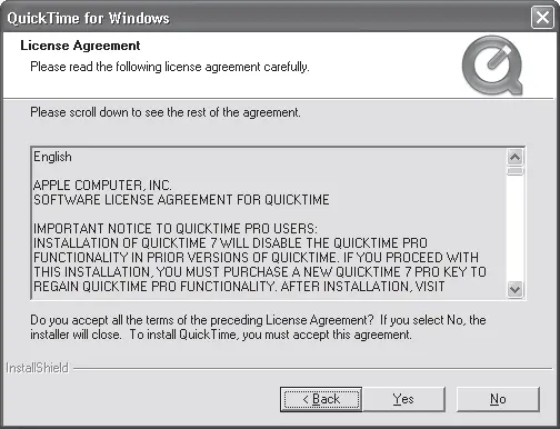 Рис 114 Окно лицензионного соглашения программы QuickTime Нажмите кнопку Yes - фото 14