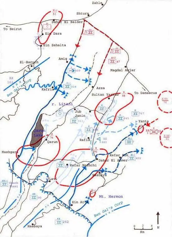 Карта боевых действий в долине Бекаа синим обозначены израильские силы - фото 7