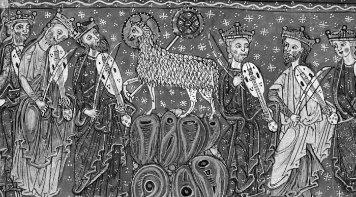 Рис 51 Агнец окружён старцами музицирующими на лютнях Beatus Commentaire - фото 51