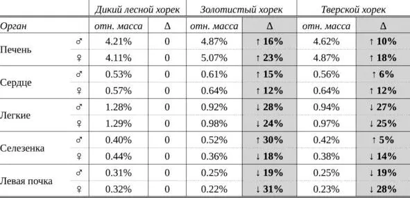 Таблица 2 Относительная масса внутренних органов диких хорьков и клеточных - фото 6