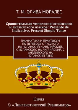 Т. Олива Моралес Сравнительная типология испанского и английского языков: Presente de Indicativo, Present Simple Tense. Грамматика и практикум по переводу с русского на испанский и английский, с испанского на английский, с английского на испанский язык обложка книги