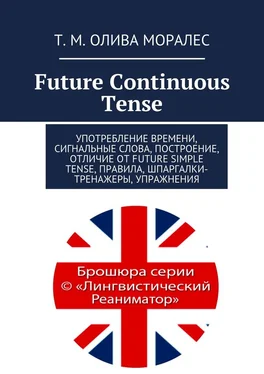 Т. Олива Моралес Future Continuous Tense. Употребление времени, сигнальные слова, построение, отличие от Future Simple Tense, правила, шпаргалки-тренажеры, упражнения обложка книги