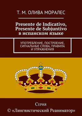 Т. Олива Моралес Presente de Indicativo, Presente de Subjuntivo в испанском языке. Употребление, построение, сигнальные слова, правила и упражнения обложка книги