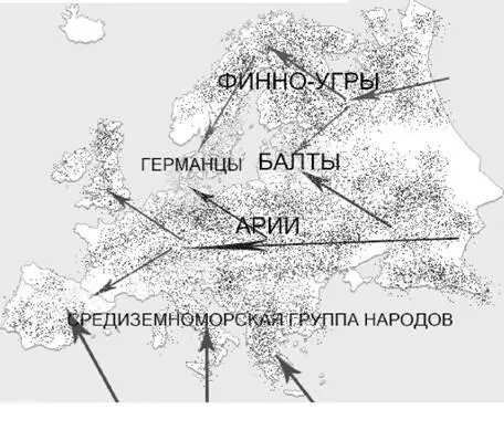 На ней мы видим три основных потока миграции в Европу после оледенения Южный - фото 8