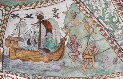Плавание св Олафа встреча с дикарями Фреска церкви в Никирко Nykyrko - фото 10