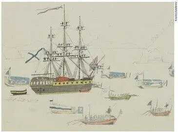 The Nadezhda in Nagasaki Bay disarmed of all her gunpowder is towed to a - фото 54