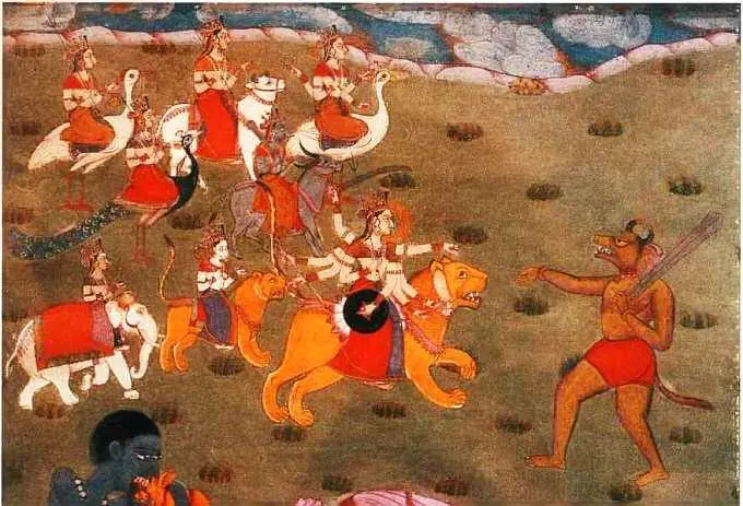 Богиня Дурга на поле битвы XIX в Индийская миниатюра к Дурга Чаритра - фото 241