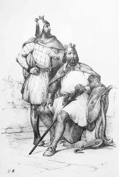 Роберт Гвискар стоит и его брат Рожер Сицилийский Литография Начало XIX в - фото 1