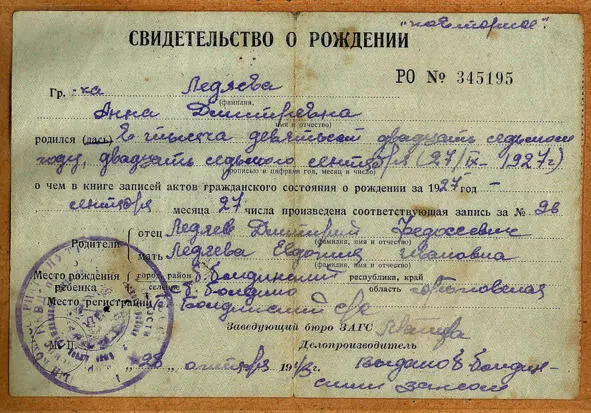 Свидетельство о рождении Ледяевой Анны дочери Дмитрия Ледяева и Евдокии - фото 16