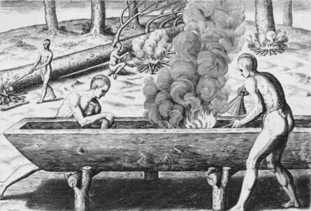 Amerikanische Ureinwohner bei der Herstellung eines Einbaums - фото 9