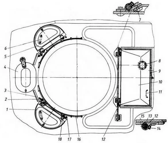 Расположение люков в корпусе 1 крышка люка командира 2 стопор 3 и 16 - фото 43