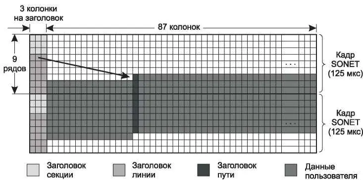 Рис 235 Два соседних кадра системы SONET В оставшихся 87 столбцах содержатся - фото 90