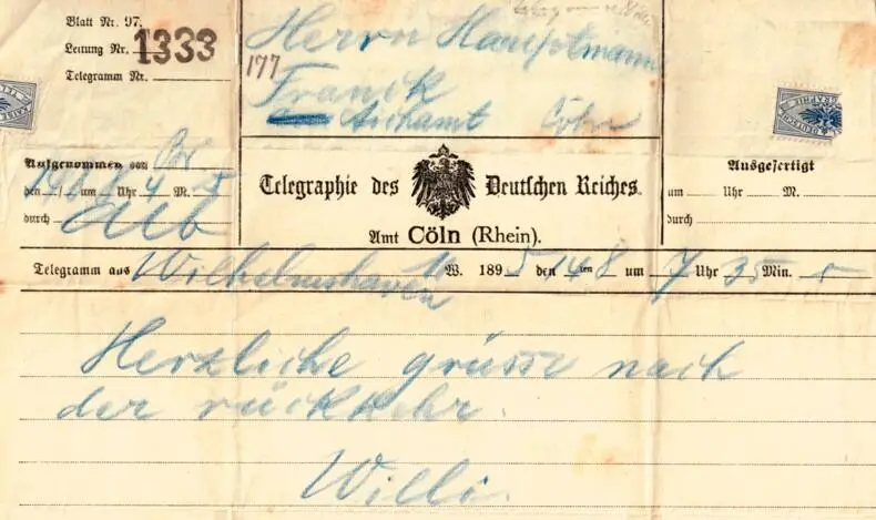 Herzliche Grüße nach der Rückkehr Willi Wilhelmshaven 16 VIII 1895 Liebe - фото 53