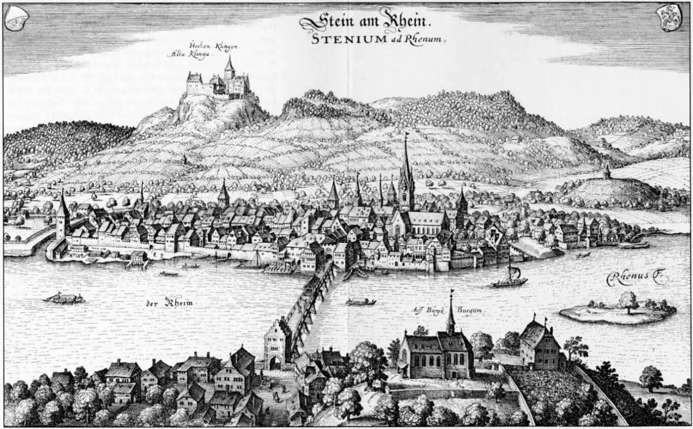 MerianStich der Rheinbrücke im Jahre 1642 rechts Insel Werd und Grenzstein - фото 4