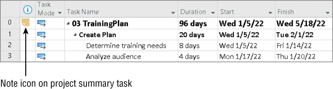 FIGURE 33 The note icon indicating the attached project file Whether you - фото 18