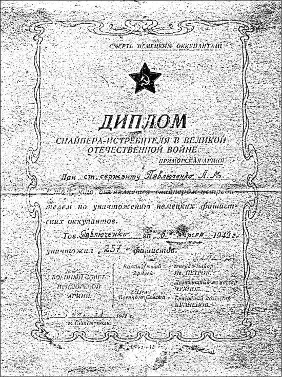 Диплом снайпераистребителя выданный ЛМ Павличенко 6 апреля 1942 г Из - фото 6