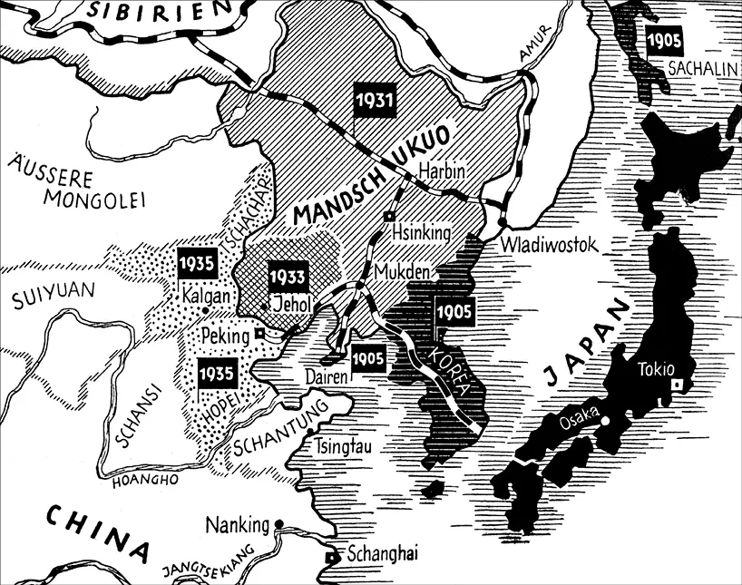Skizzierte Landkarte Verlauf der japanischen Invasion in der Mandschurei Anm - фото 1