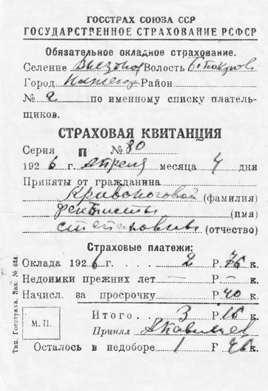Страховая квитанция обязательного окладного страхования 1926 г По мысли С - фото 13