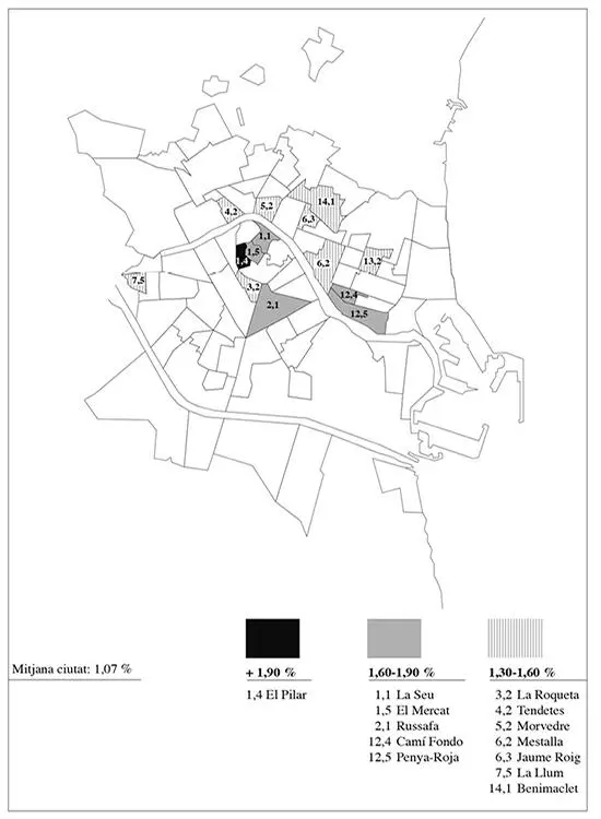 MAPA 22 Barris de València amb major proporció de veïns estrangers Any 2000 - фото 8