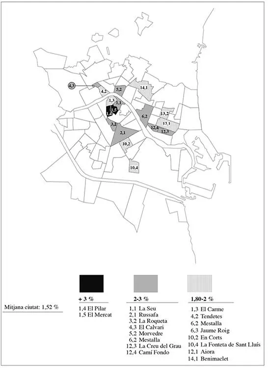 MAPA 23 Barris de València amb major proporció de veïns estrangers Any 2002 - фото 9
