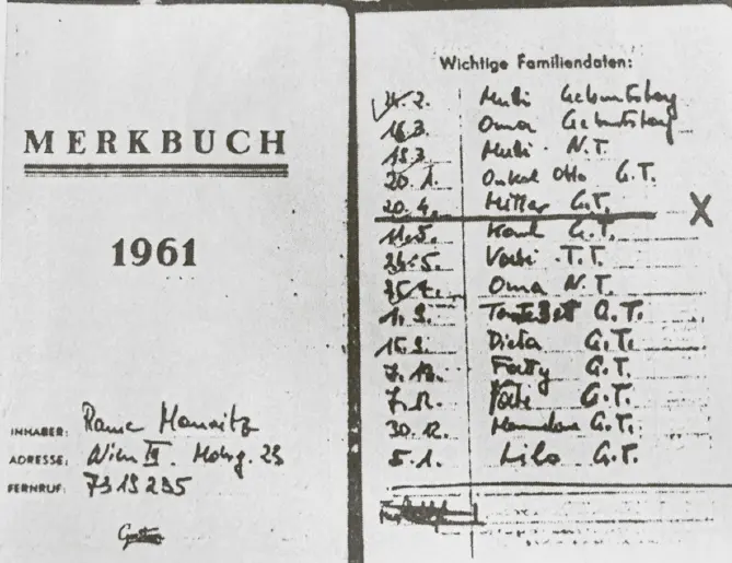 Beschlagnahmtes Merkbuch von Rainer Mauritz Hitlers Geburts tag eingetragen - фото 35