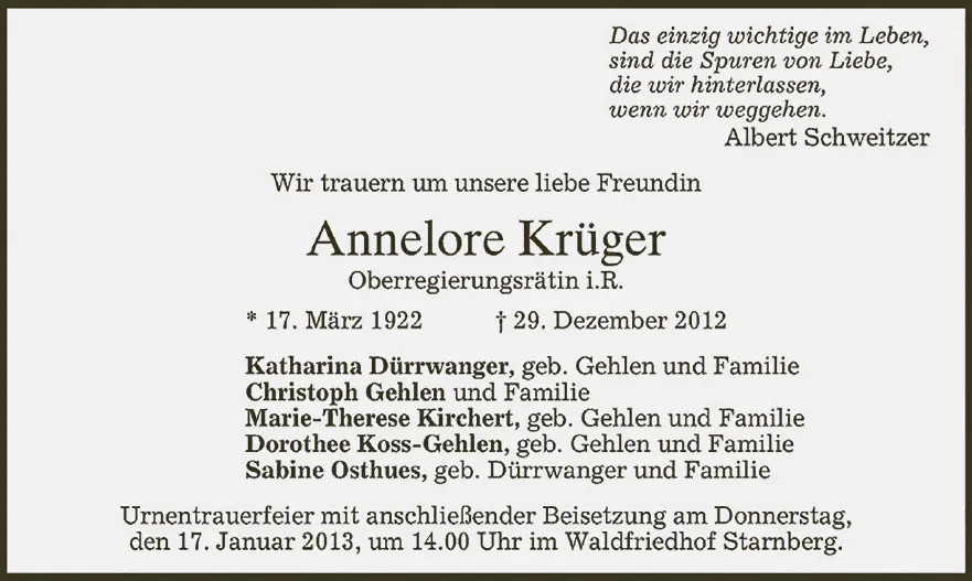 Todesanzeige für Gehlens rechte Hand und Geliebte Annelore Krüger Unter ihrem - фото 12