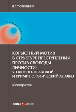 Игорь Тютюнник Корыстный мотив в структуре преступлений против свободы личности. Уголовно-правовой и криминологический анализ обложка книги