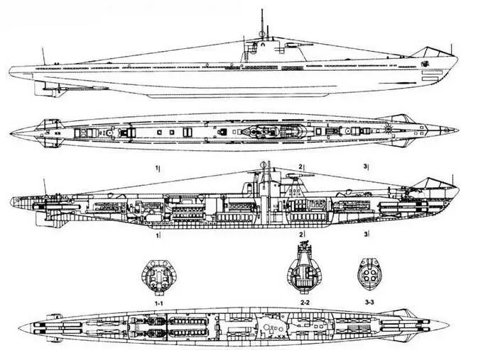 Подводная лодка Е1 вид сбоку вид сверху продольный разрез и план - фото 101
