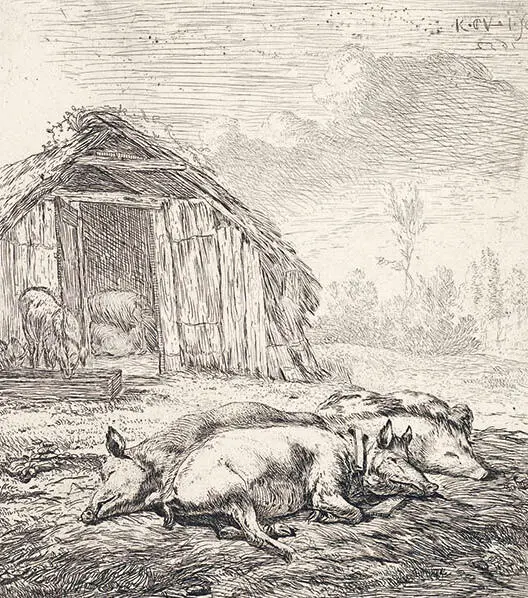 Tres cerditos delante de su cabaña No hay lobo a la vista en este grabado de - фото 13