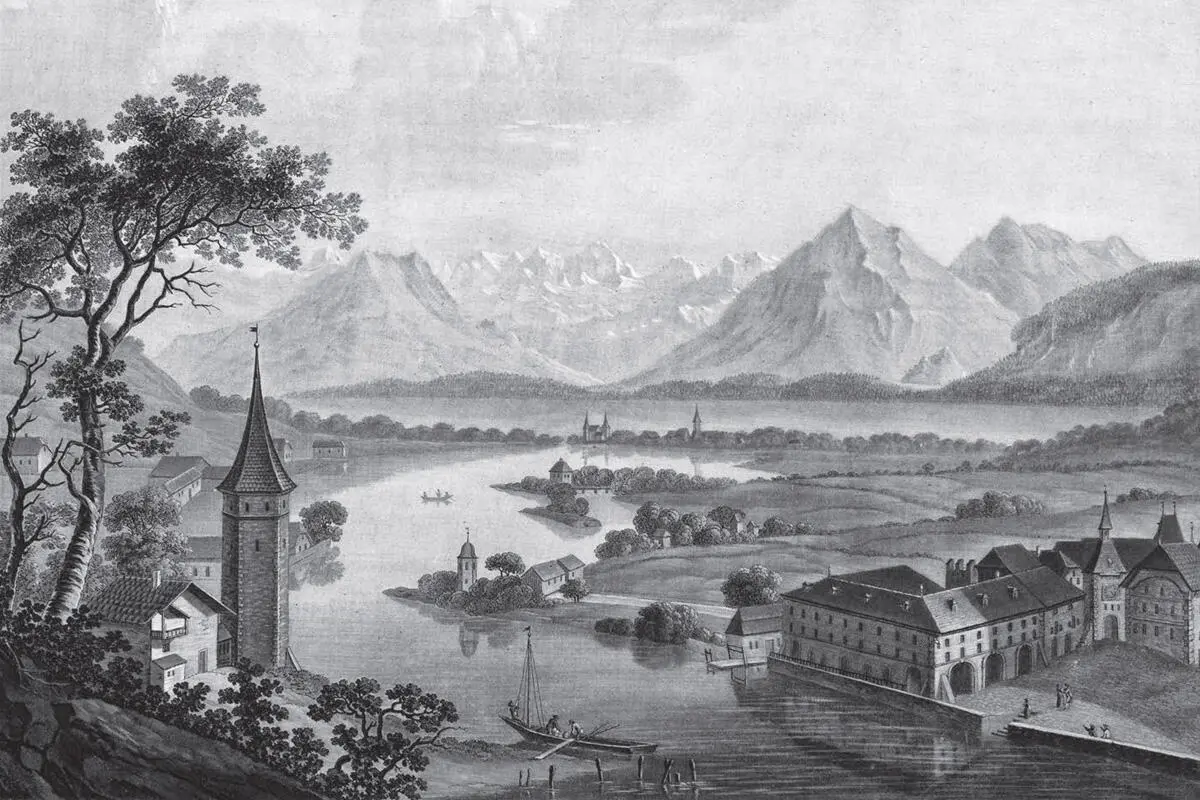 Thun mit einer Ansicht von Schloss Aare und See Farbkupferstich gemalt von - фото 7