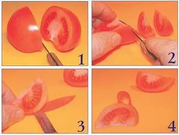 1 Помидор разрезаем пополам 2 Разрезаем на дольки 3 Тонко подрезаем кожуру - фото 75
