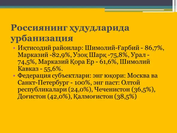 Россия ҳудудларида урбанизация ва иқтисодий ривожланиш Россия ҳудудларида - фото 74