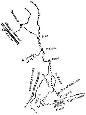 Map illustrating Marlboroughs march to the Danube Villeroy at once came south - фото 128