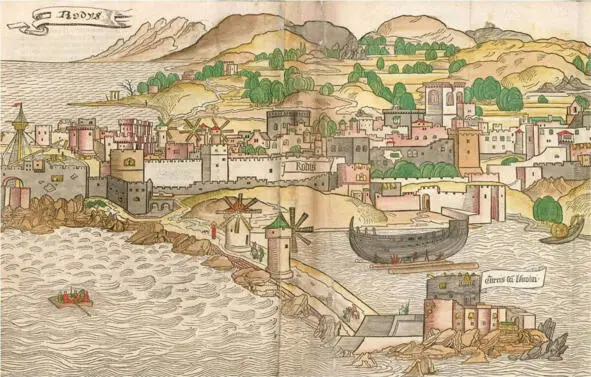 Остров Родос и его порт в 1486 году Фрагмент гравюры на меди РОДОССКАЯ ЧУМА - фото 3