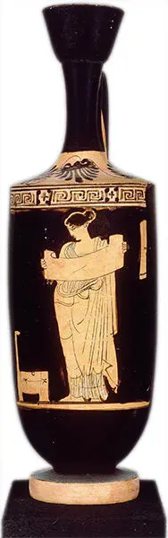 Eine Frau liest in einer Buchrolle Rotfigurige Lekythos aus Attika Höhe 22 - фото 2