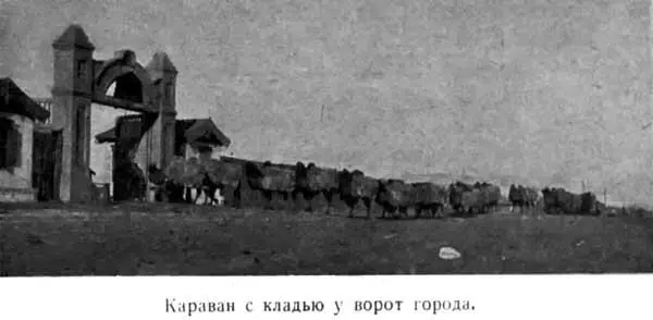 Караван с кладью у ворот города Верблюды с тюками подходят цепью к пристани С - фото 16