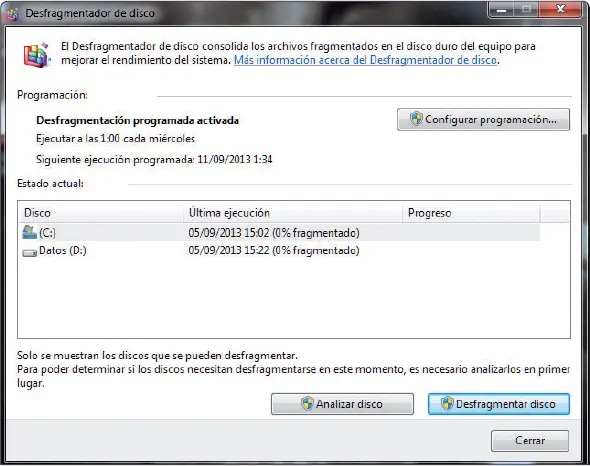 Ventana principal del desfragmentador de disco de Windows 7 Esta herramienta - фото 9
