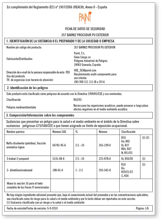 Ejemplo de primeras páginas de una hoja de seguridad de barniz para exterior - фото 20