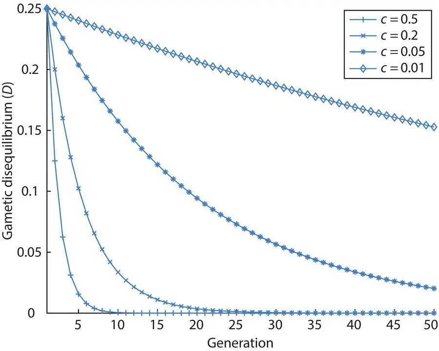 Figure 219 The decay of gametic disequilibrium D over time for four - фото 103