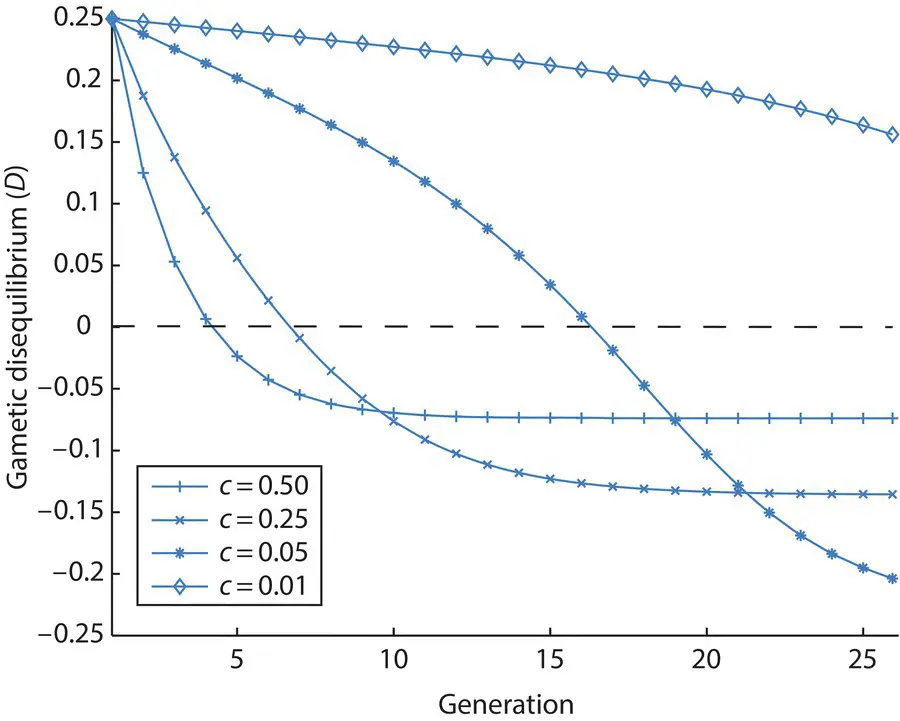 Figure 221 The decay of gametic disequilibrium D over time when both - фото 112