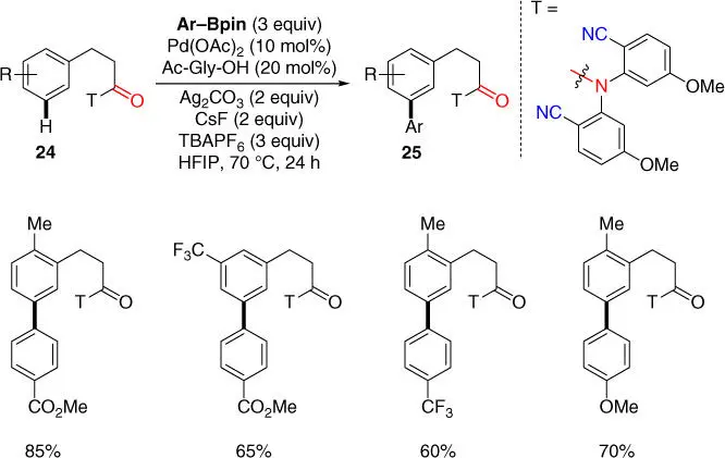 Scheme 28 meta CH arylation of hydrocinnamic acids with arylboronic esters - фото 65