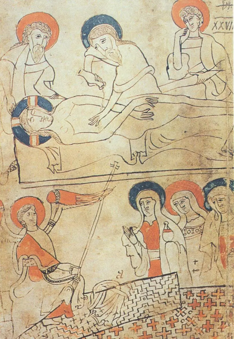 The miniatures upper illustration shows the body of Christ lying on a sheet - фото 15