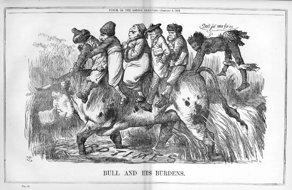 An 1879 Punch cartoon by John Tenniel shows John Bull the ox carrying the - фото 3