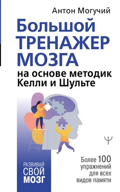 Антон Могучий Большой тренажер мозга на основе методик Келли и Шульте. Более 100 упражнений для всех видов памяти обложка книги