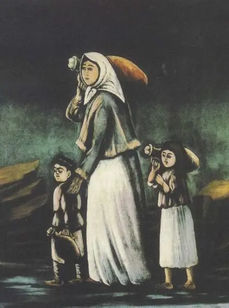 Крестьянка с детьми идет за водой Клеенка масло Бездетный миллионер и бедная - фото 58