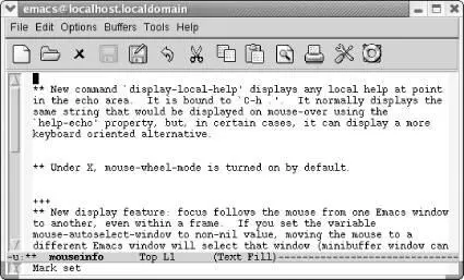 The mouseinfobuffer shows paragraphs from our copied NEWS file that mention the - фото 103