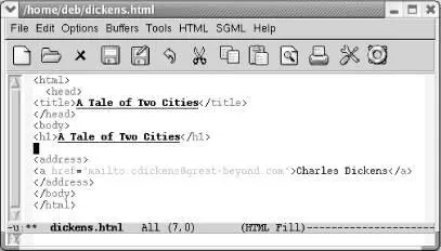 Emacs inserts an HTML template Note that Emacs automatically creates a - фото 160