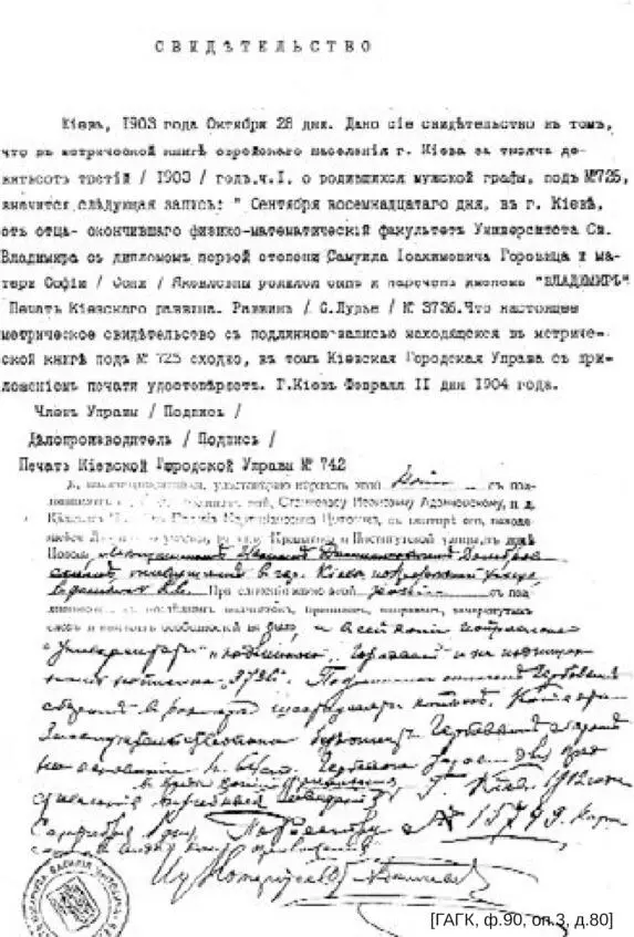 Копия свидетельства о рождении В Горовица с упоминанием книги Родившихся в - фото 2